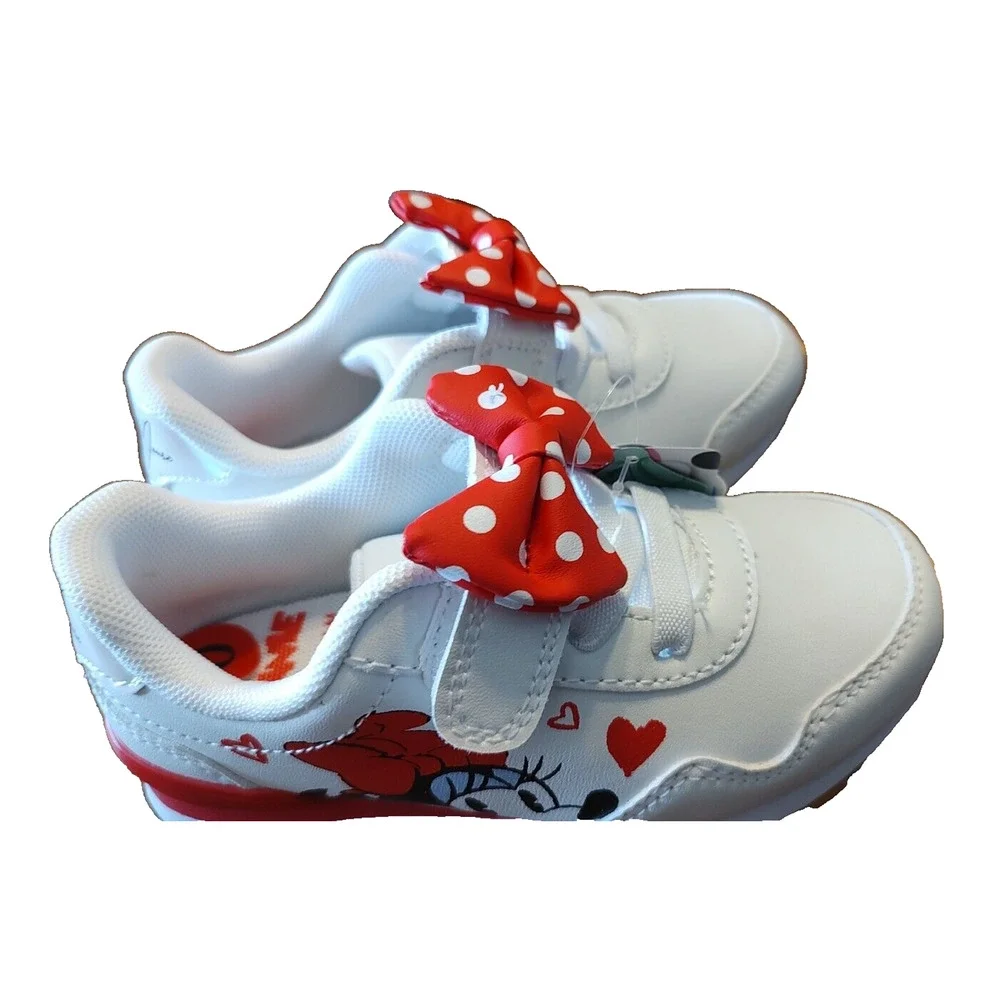 DISNEY JUNIOR Minnie Mouse White Sneakers Size 10 Red Bow‎ NWOB